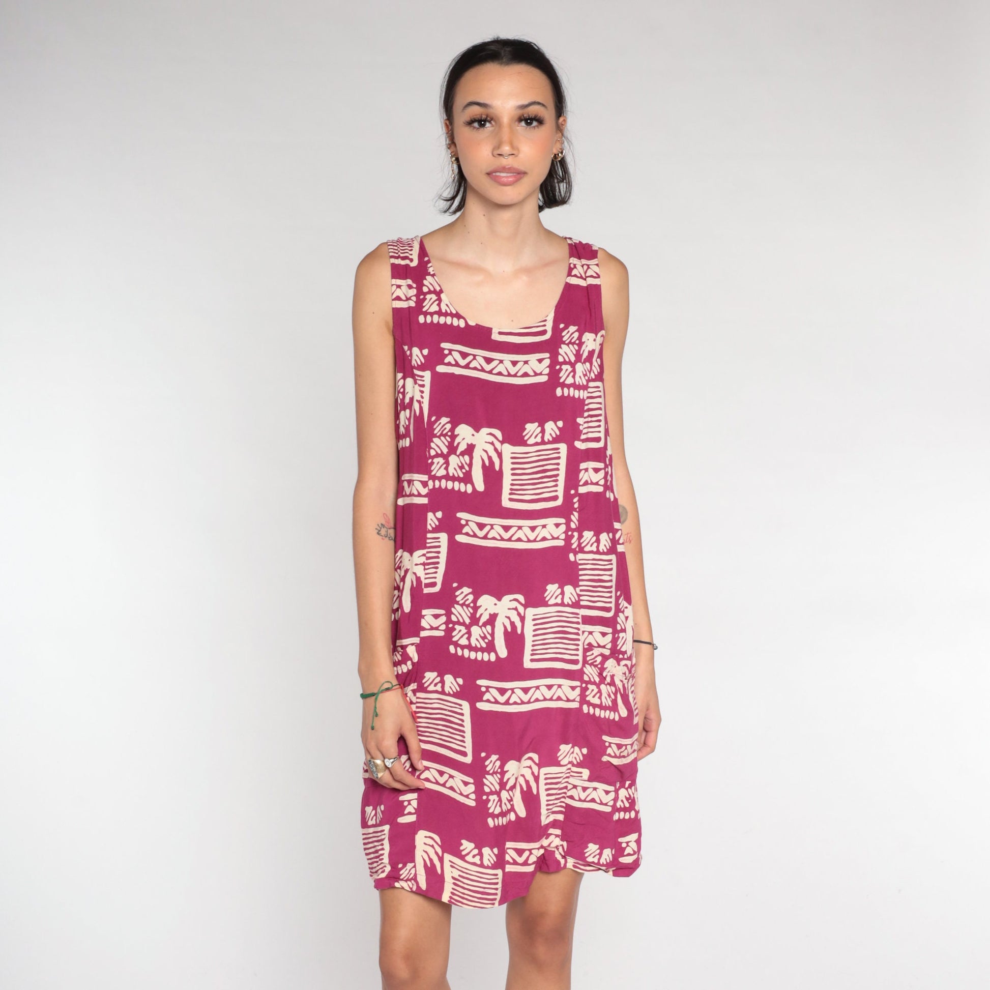 90s Dark Pink Tropical Palm Tree Mini Dress Geometric Print Sleeveless Small