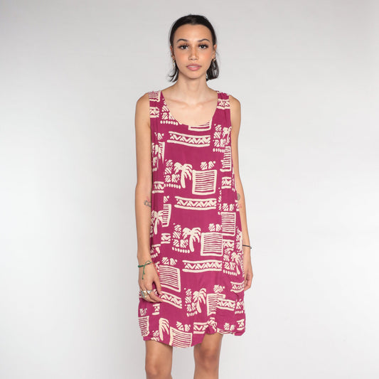 90s Dark Pink Tropical Palm Tree Mini Dress Geometric Print Sleeveless Small