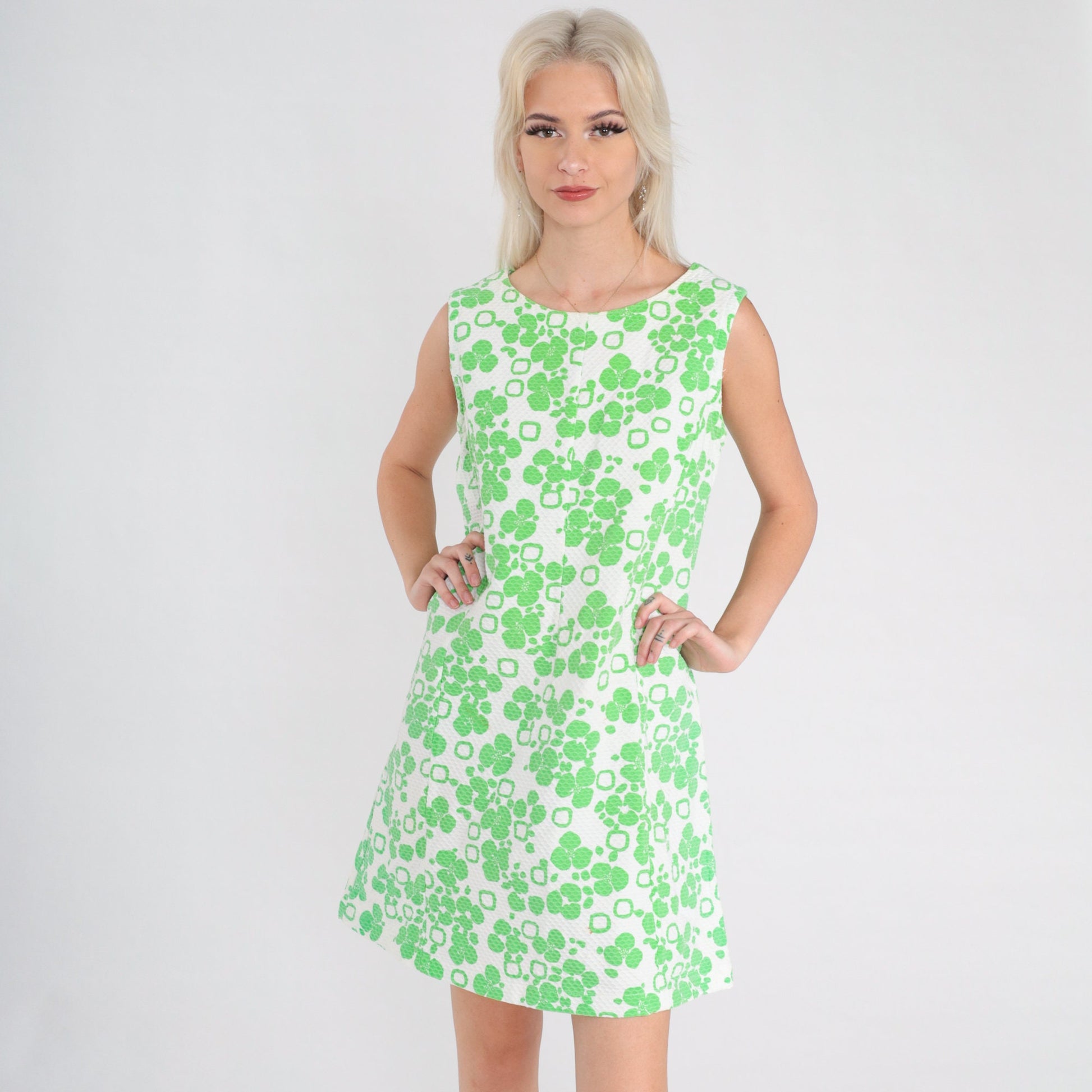60s Lime Green Floral Shift Mini Dress Sleeveless Medium