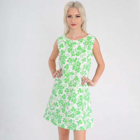 60s Lime Green Floral Shift Mini Dress Sleeveless Medium