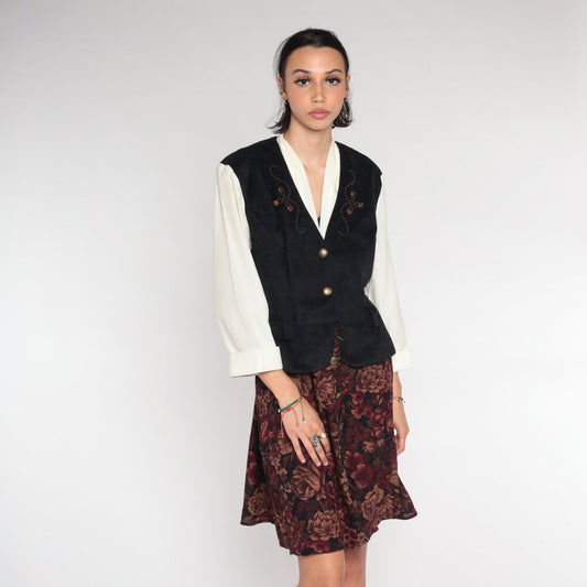 90s Layered Vest Dress White Floral Mini Button-Up Black Long Sleeve Medium