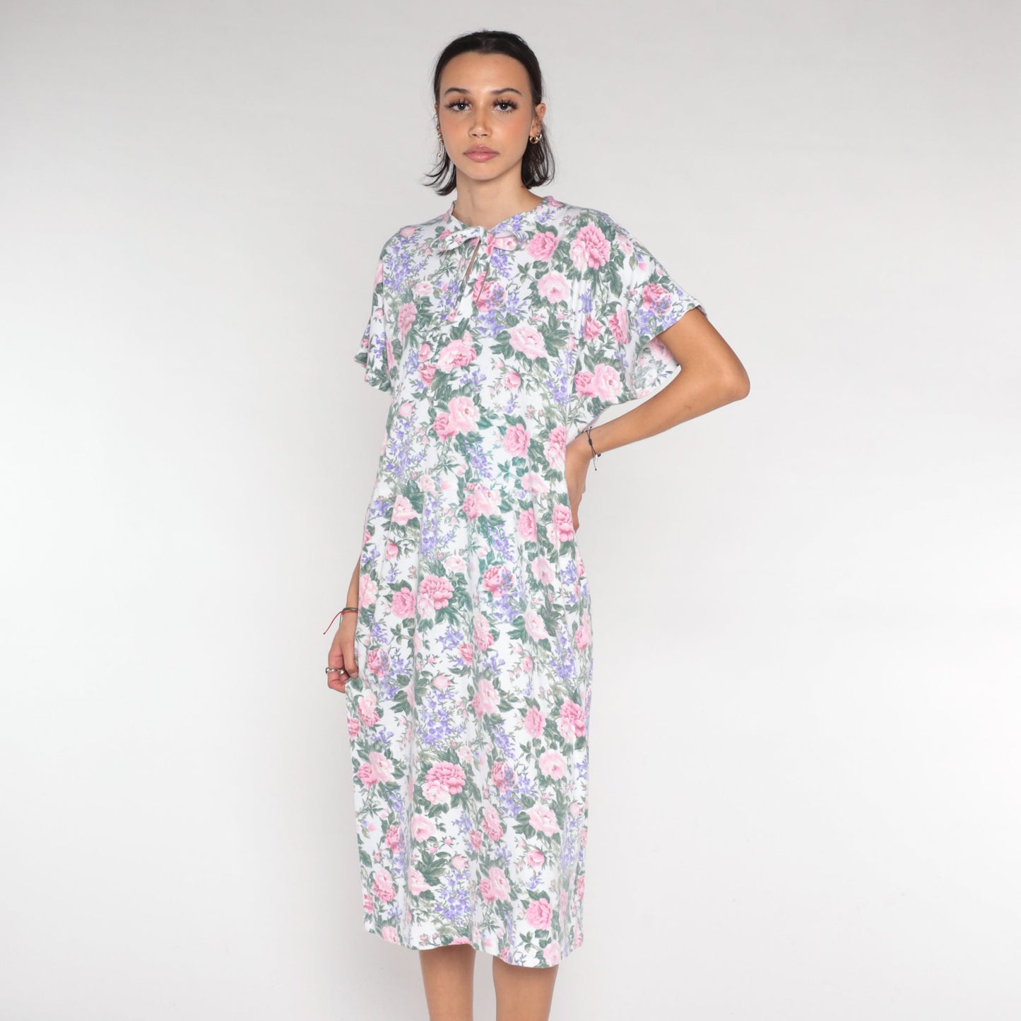 90s Floral Keyhole Tie Midi Dress White Rose Print Short Sleeve Large L