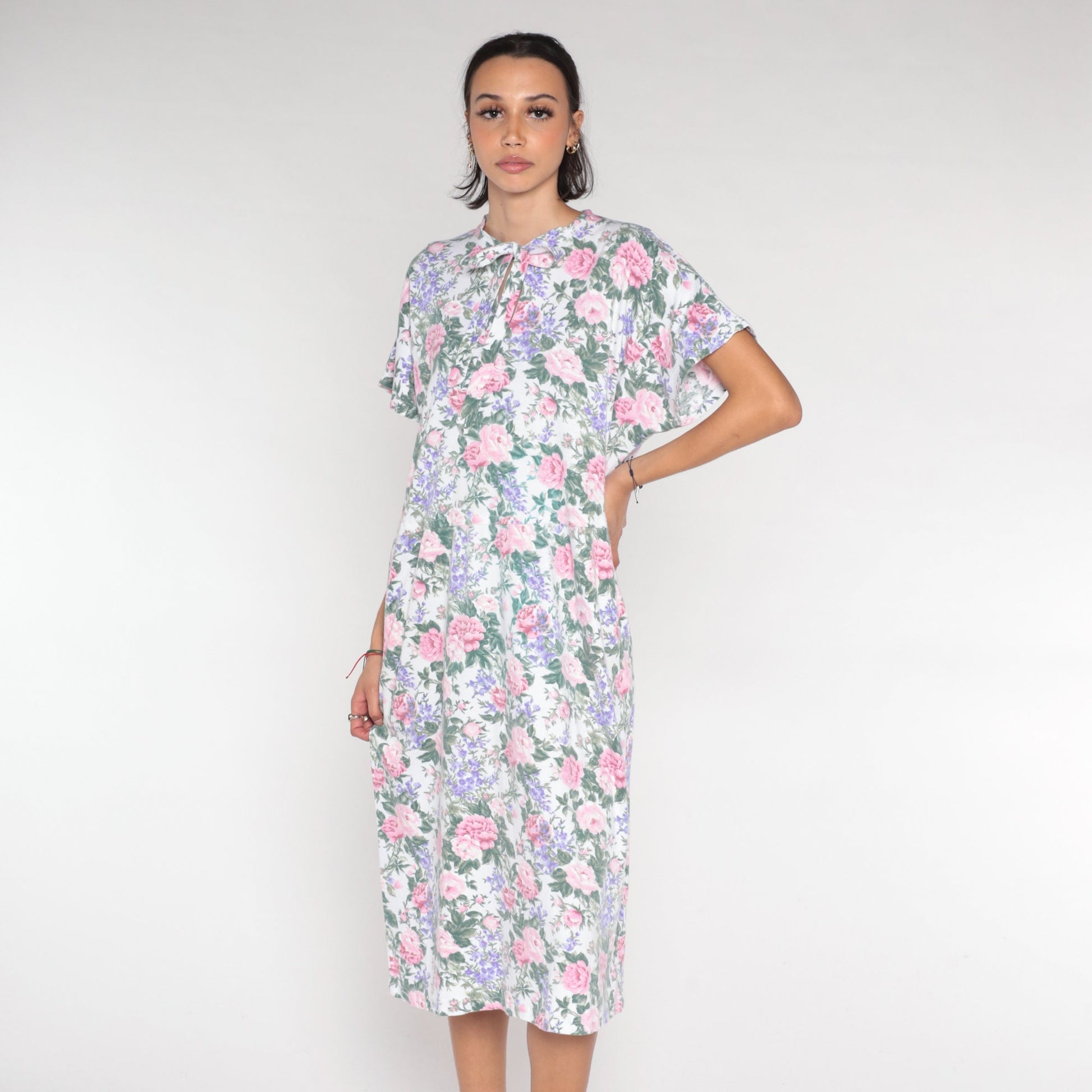 90s Floral Keyhole Tie Midi Dress White Rose Print Short Sleeve Large L
