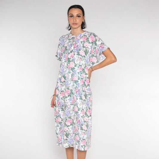 90s Floral Keyhole Tie Midi Dress White Rose Print Short Sleeve Large L