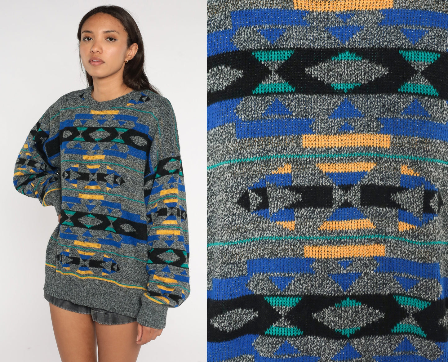 90s Southwestern Geometric Knit Sweater Grey Crewneck Pullover Extra Large