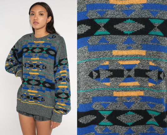 90s Southwestern Geometric Knit Sweater Grey Crewneck Pullover Extra Large