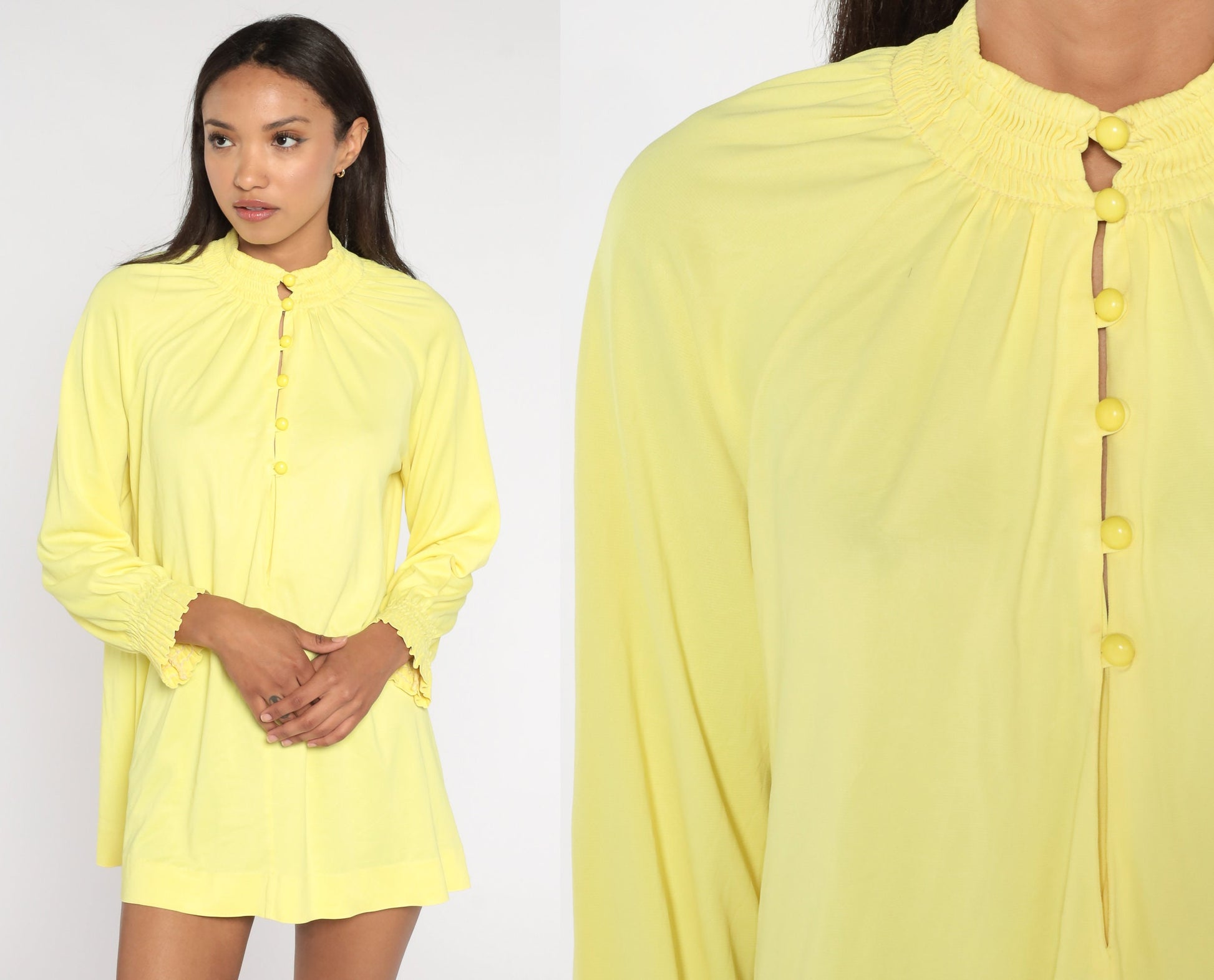 70s Cole of California Yellow Button-Up Blouse Smocked Long Raglan Sleeve Medium Large