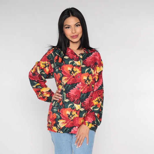 90s Silk Floral Button-Up Blouse Long Sleeve Poppy Print Red Medium M