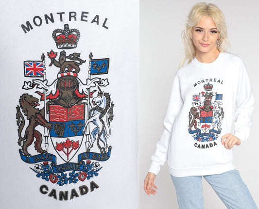 90s Montreal Canada Coat of Arms Sweatshirt White Crewneck Pullover Medium