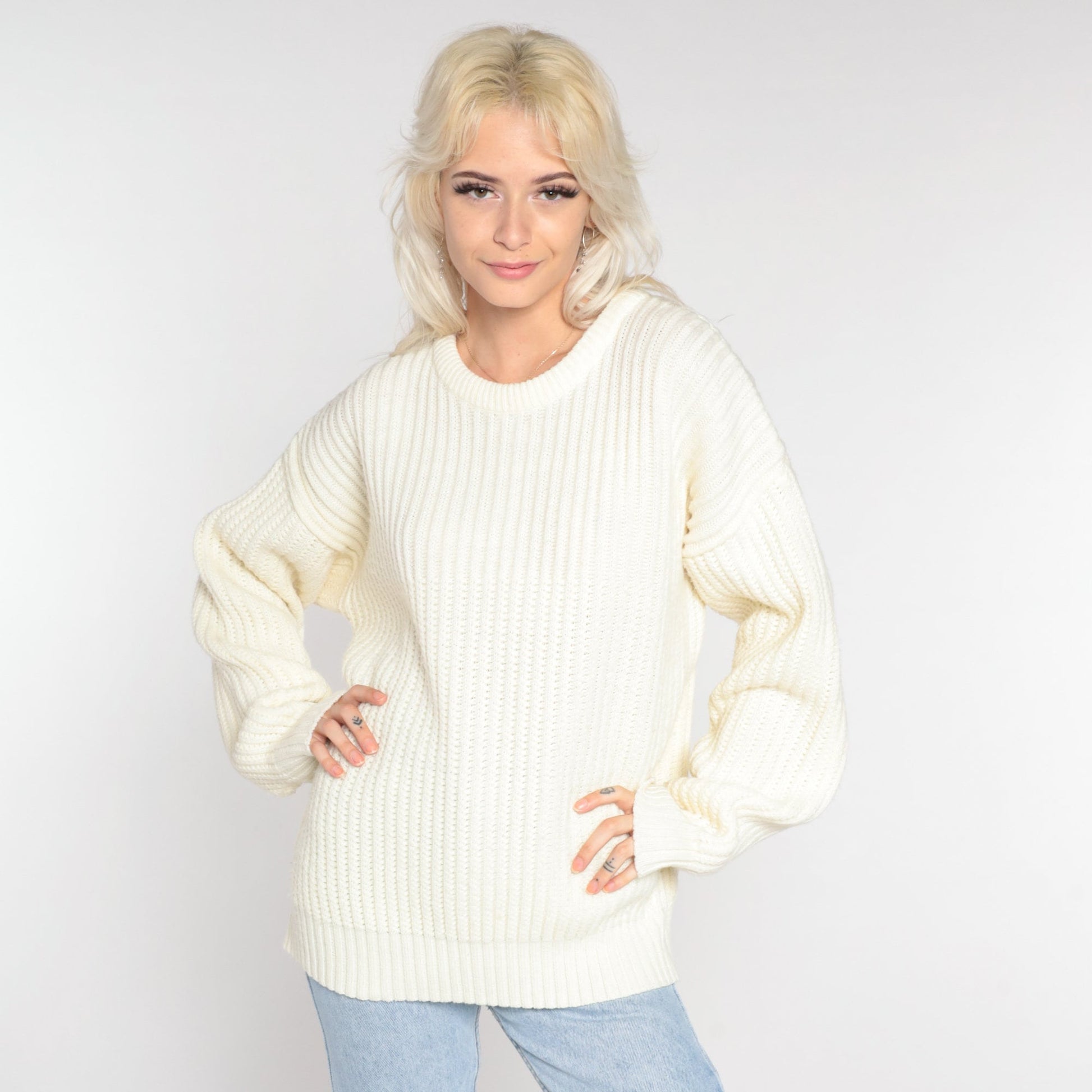90s High Sierra Off-White Ribbed Knit Crewneck Pullover Sweater Large L