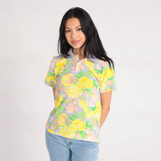 90s Floral Polo Shirt Yellow Flower Print Cotton Collared Small