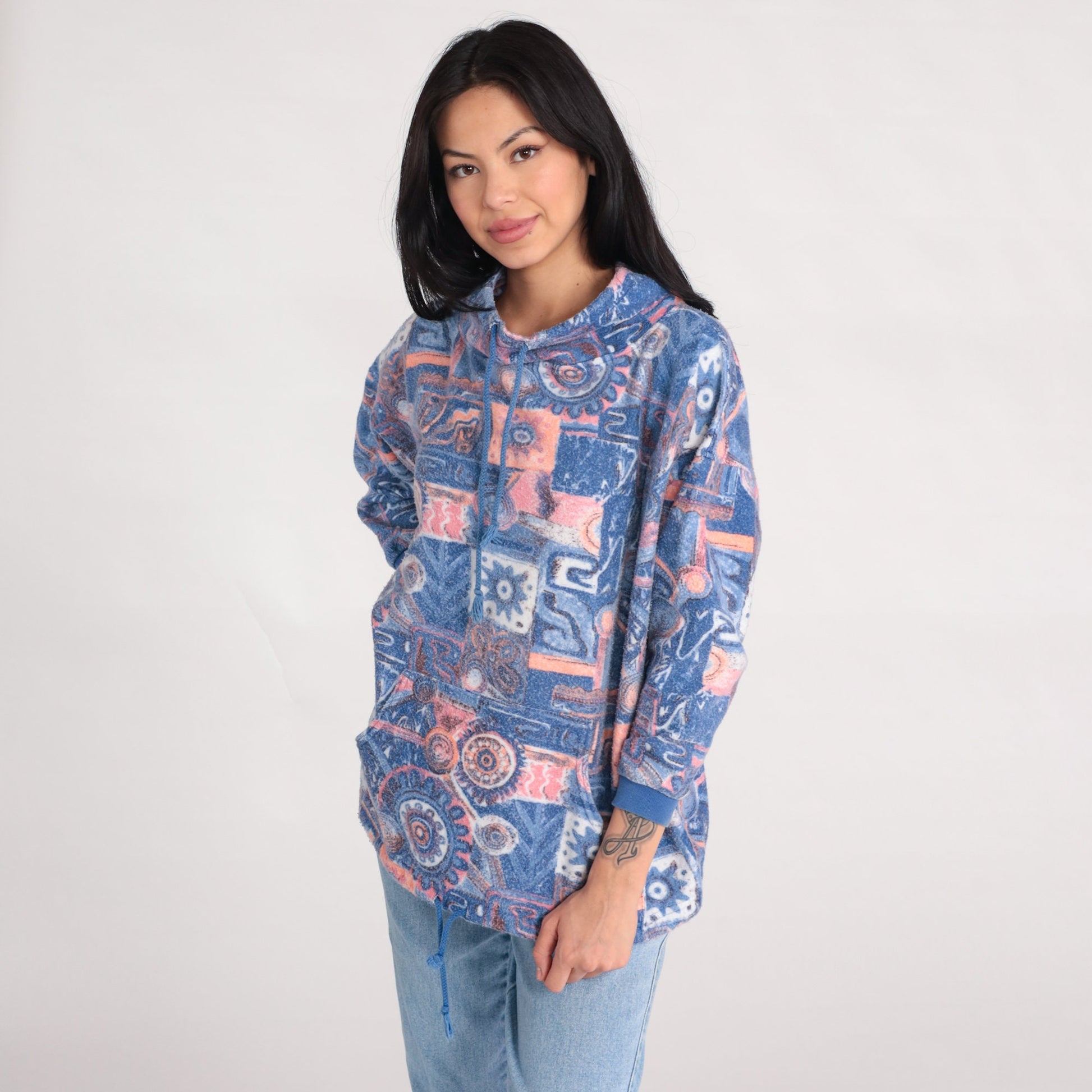 90s Blue Geometric Fleece Pullover Sweatshirt Drawstring Funnel Neck Small S