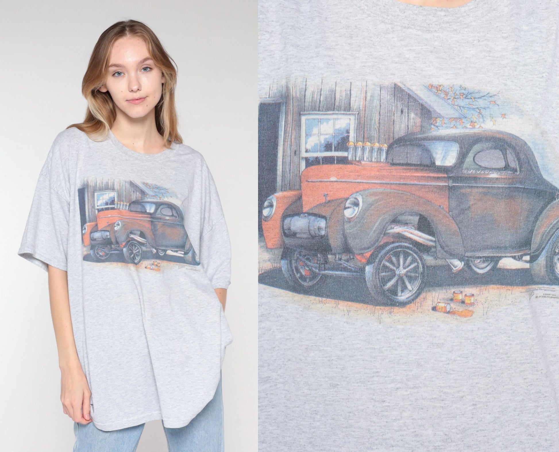 90s Jerzees Classic Car Graphic Tee Heather Grey Single Stitch Extra Extra Large XXL