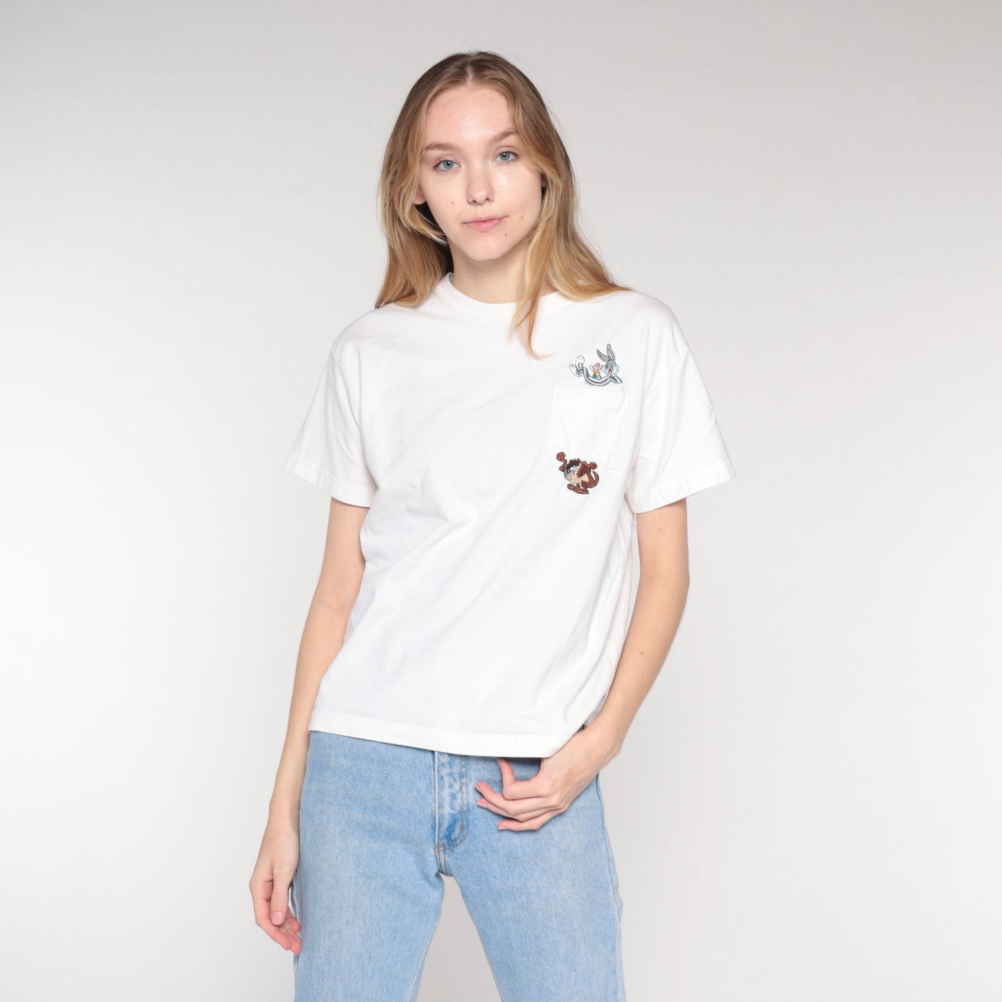 00s Warner Bros Looney Tunes Embroidered Pocket Tee White Medium M