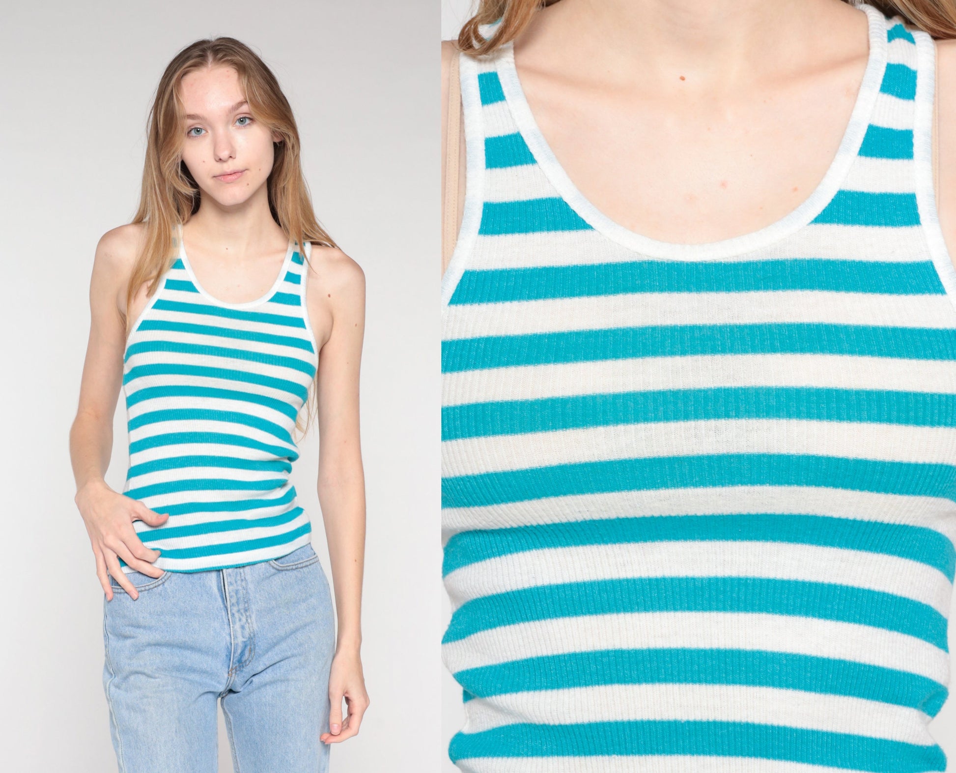 90s Blue White Striped Ribbed Tank Top Racerback XS
