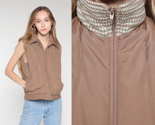 80s Brown Quilted Puffer Vest Zip Knit Collar Sleeveless Medium