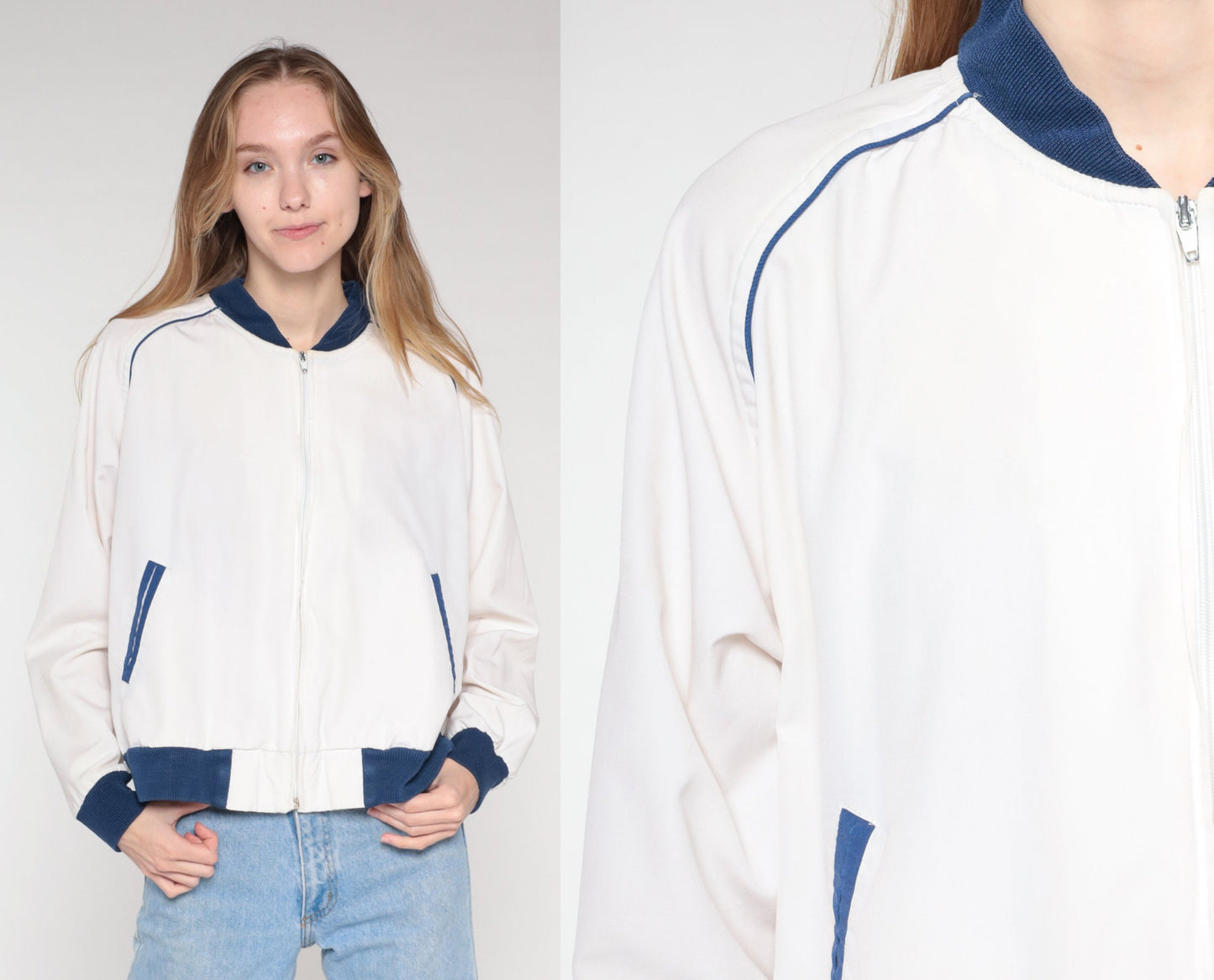 80s White Bomber Jacket Blue Trim Windbreaker Zip Front Large L