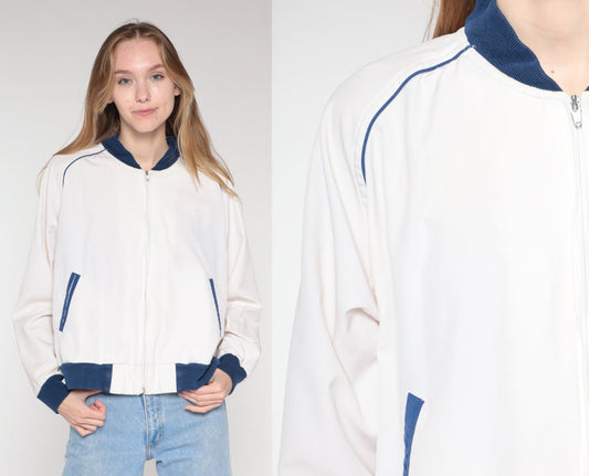 80s White Bomber Jacket Blue Trim Windbreaker Zip Front Large L