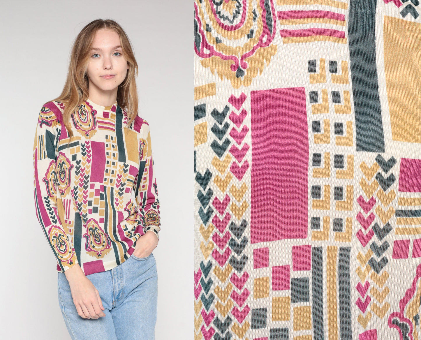 70s Abstract Geometric Paisley Knit Top Mock Neck Long Sleeve Small