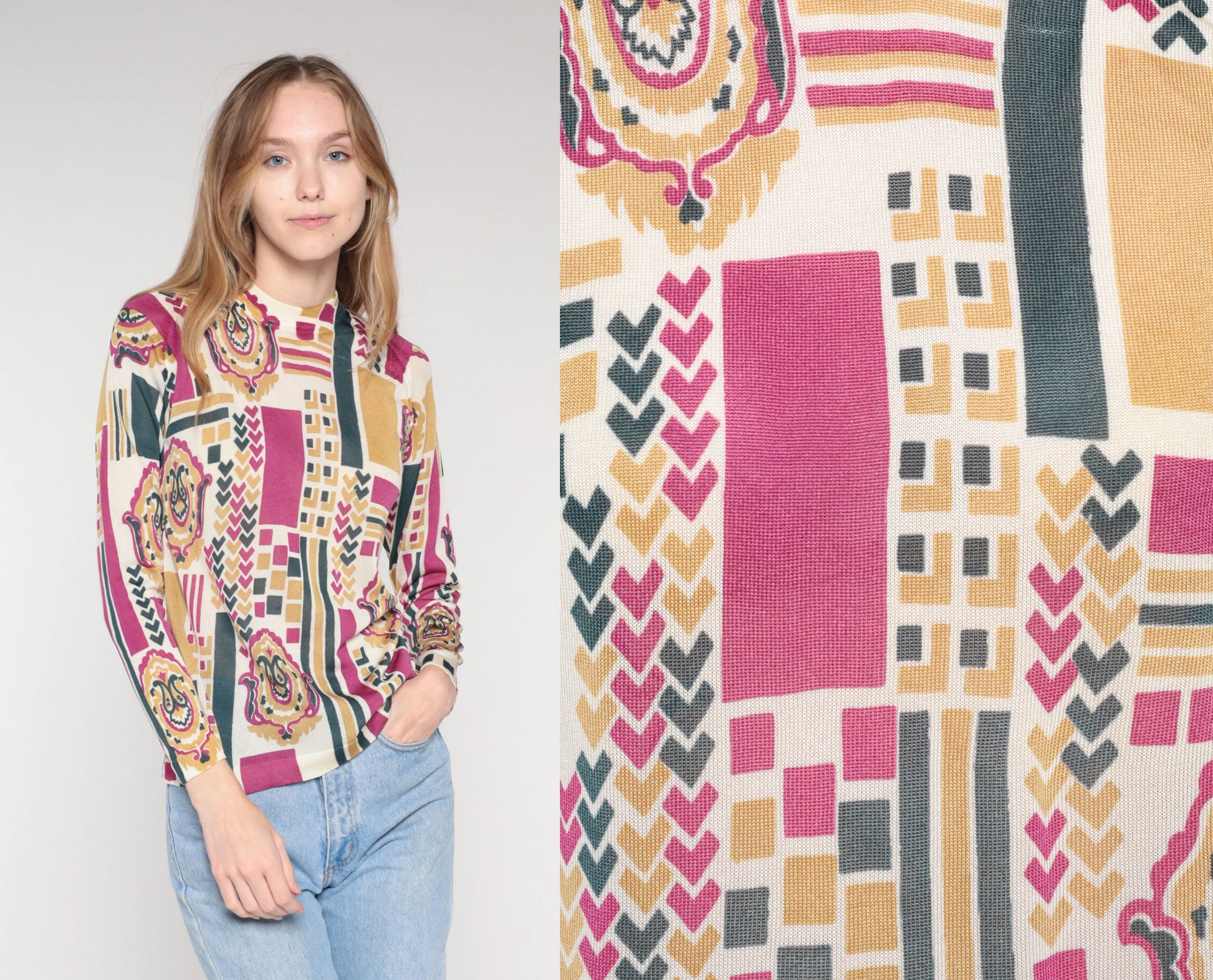 70s Abstract Geometric Paisley Knit Top Mock Neck Long Sleeve Small