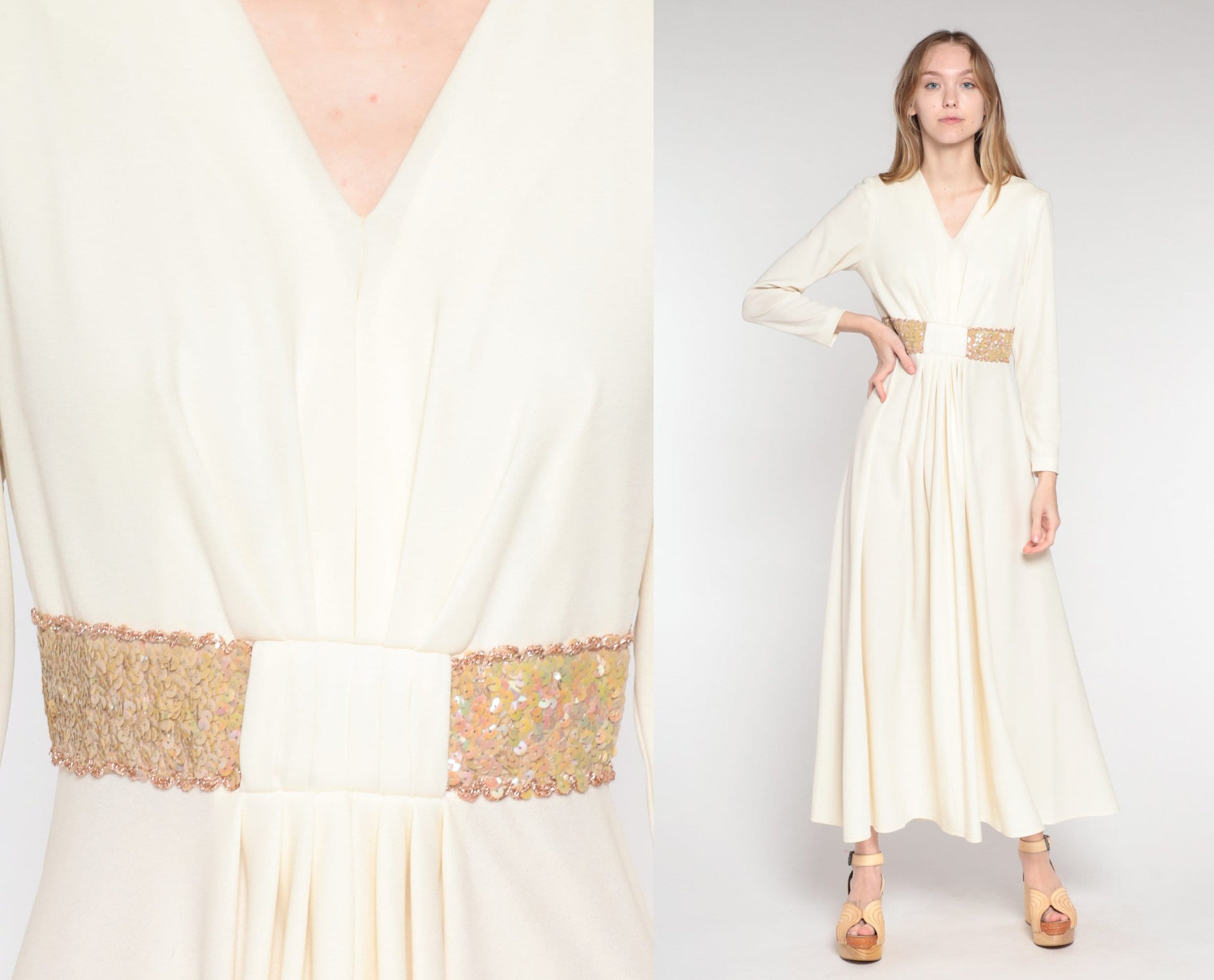 70s Grecian Maxi Dress Cream Sequin V-Neck Long Sleeve Small S