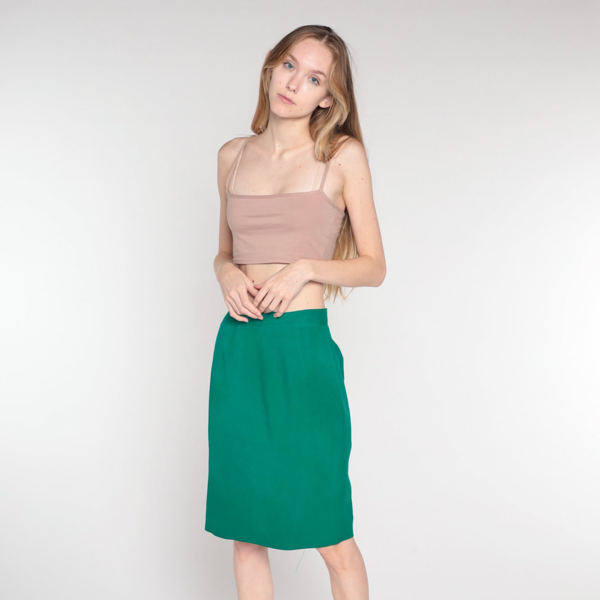 90s Green Silk Pencil Skirt High Waist Small 6