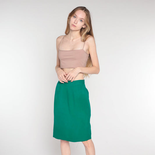90s Green Silk Pencil Skirt High Waist Small 6