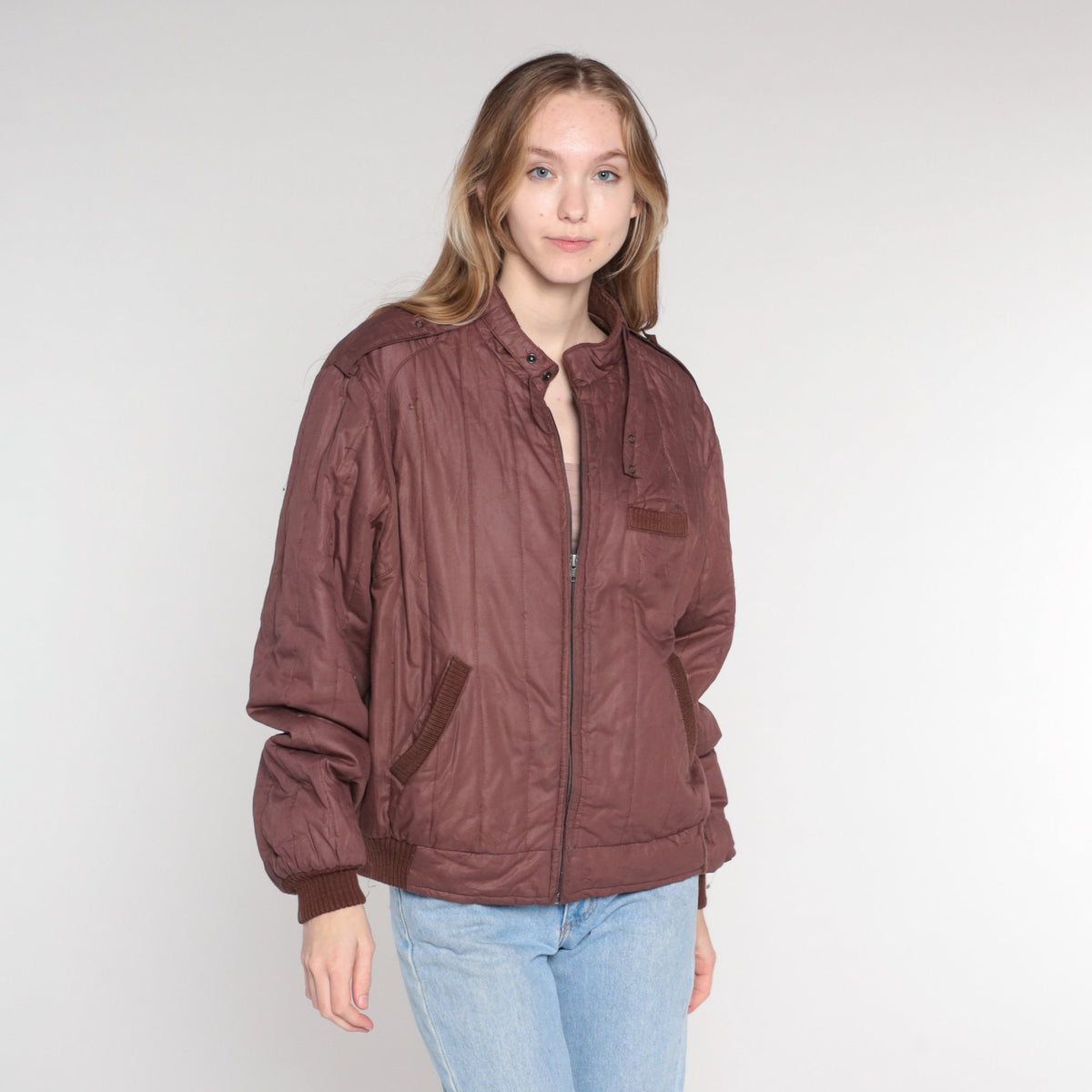 80s Members Only Brown Quilted Windbreaker Jacket Zip Bomber Medium