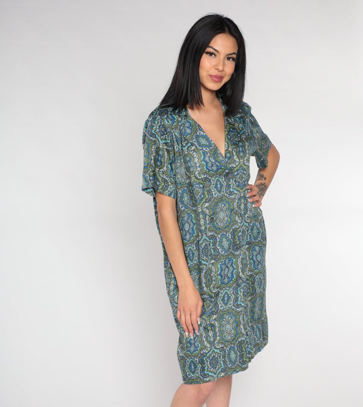 60s Geometric Floral Shirt Dress Mini Blue Green Double Breasted Large L