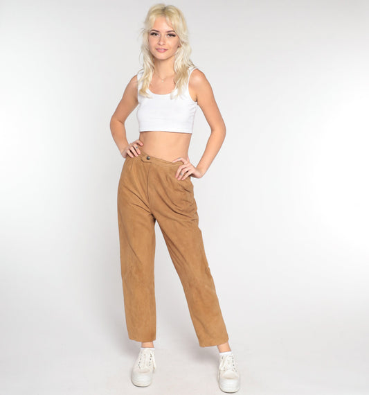80s Brown Suede Leather Pants Straight Leg High Waist Small
