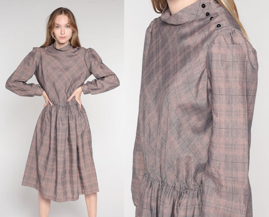80s Grey Plaid Midi Dress Mock Neck Long Sleeve High Waist Small Medium