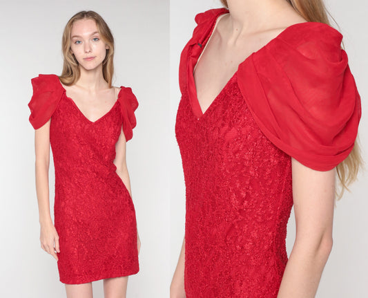 90s Red Lace Mini Dress Sheath Draped Sleeve Cocktail Extra Small
