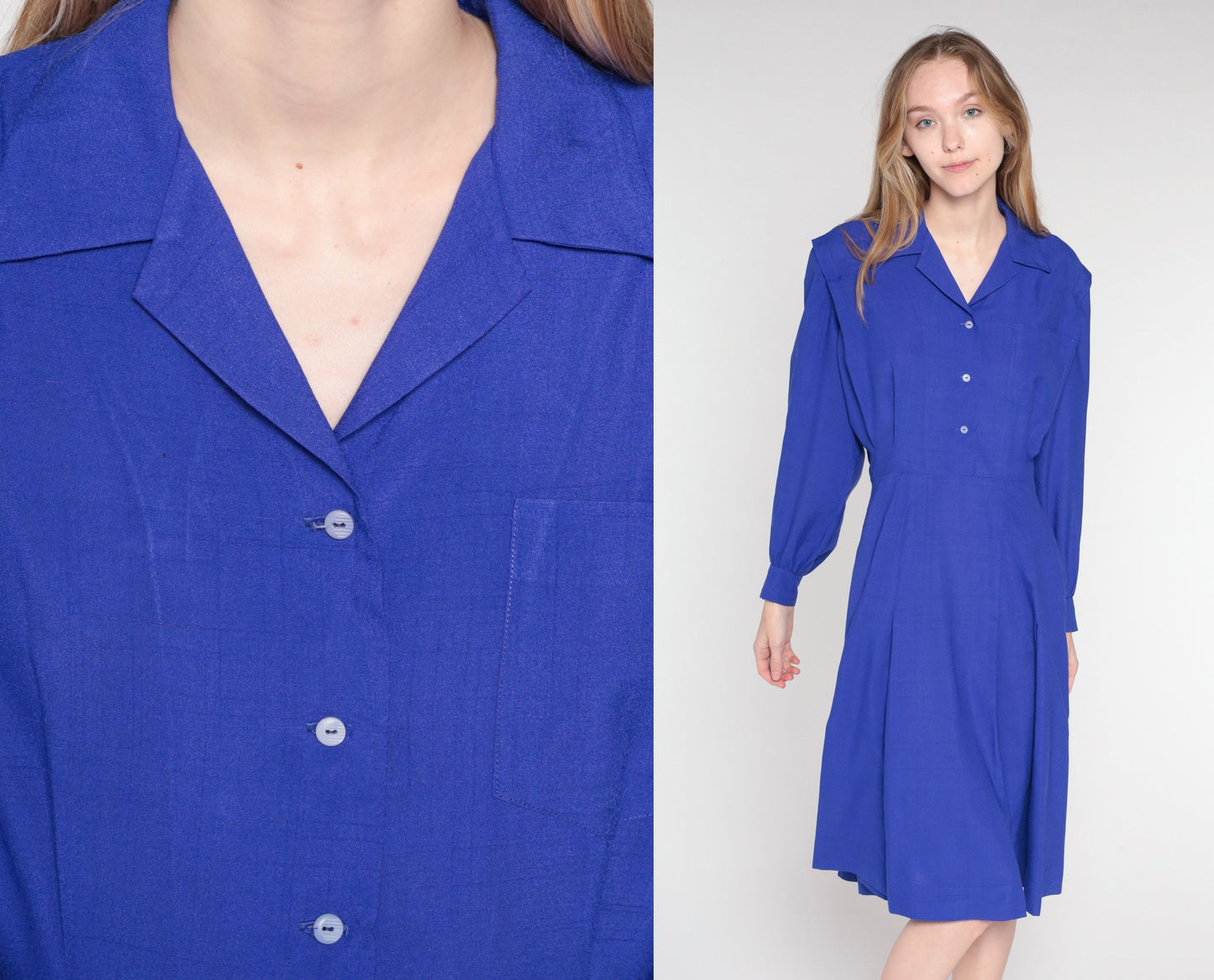 90s Deep Purple Button-Up Midi Dress High Waist Long Sleeve Medium M