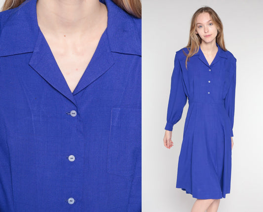 90s Deep Purple Button-Up Midi Dress High Waist Long Sleeve Medium M