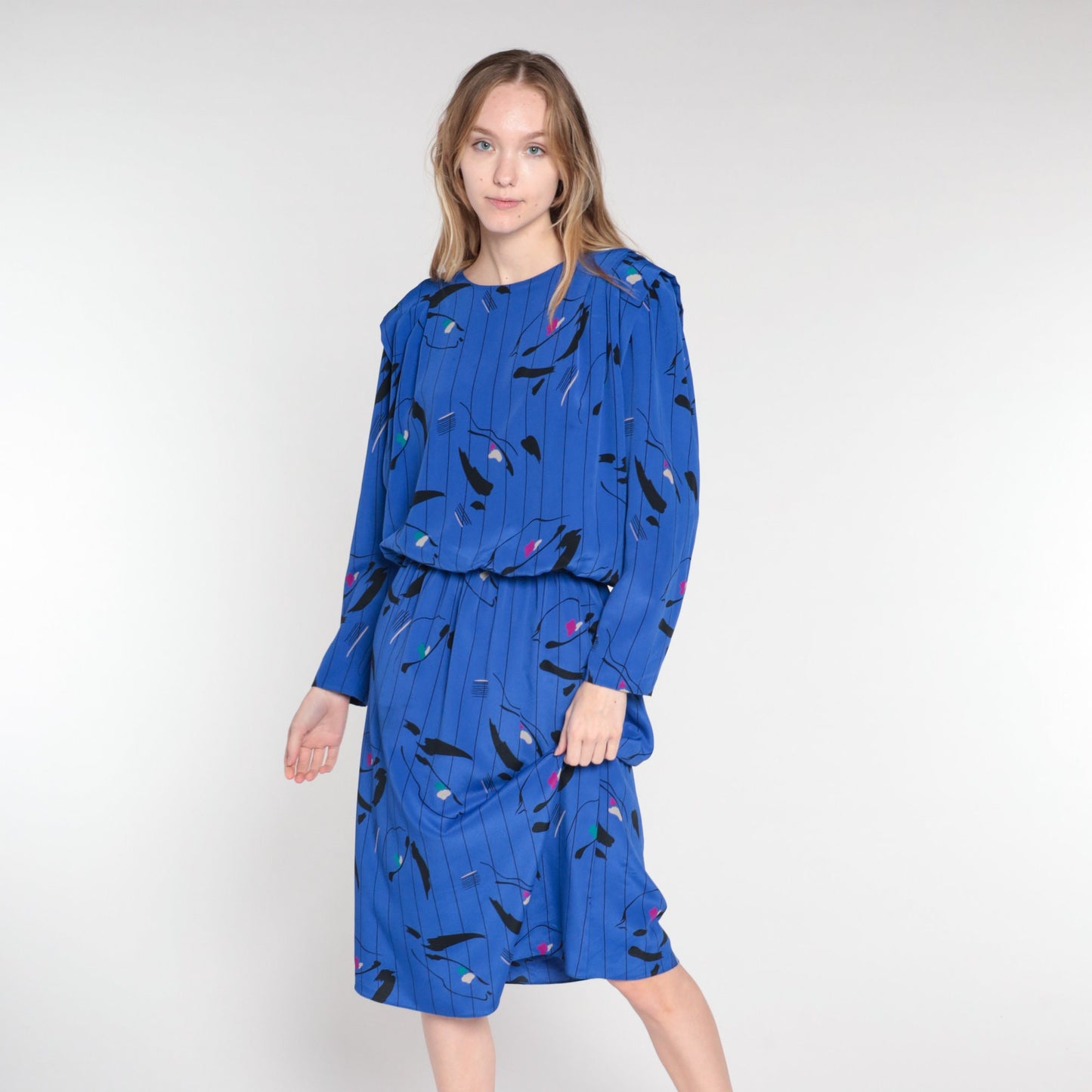 80s Blue Striped Abstract Blouson Midi Dress Long Sleeve Small