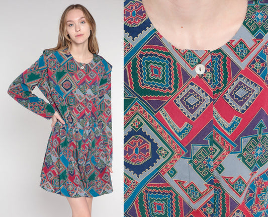80s Leslie Fay Geometric Mini Dress Colorful Tile Print Long Sleeve Medium