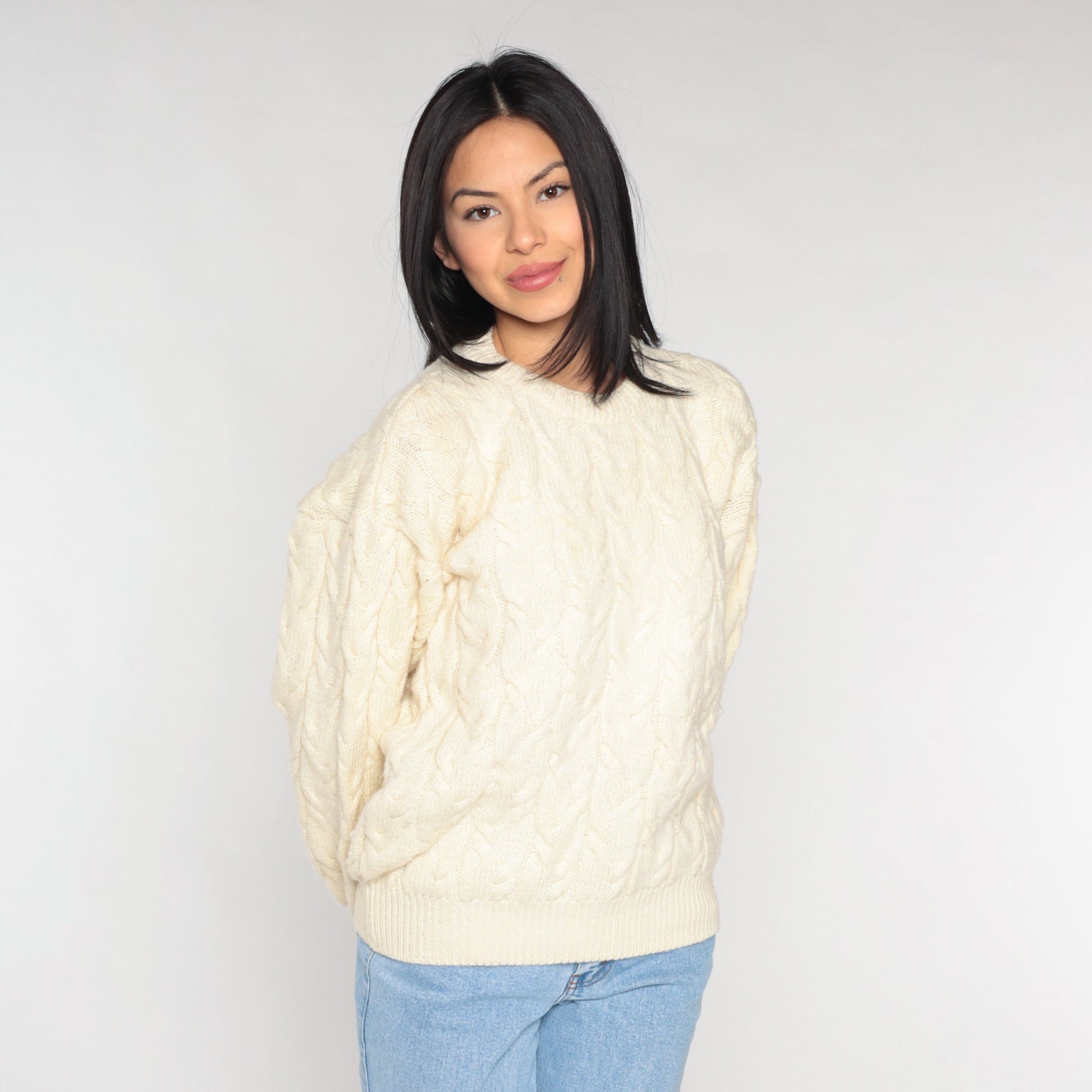 80s Australian Merino Wool Cable Knit Sweater Cream Crewneck Small
