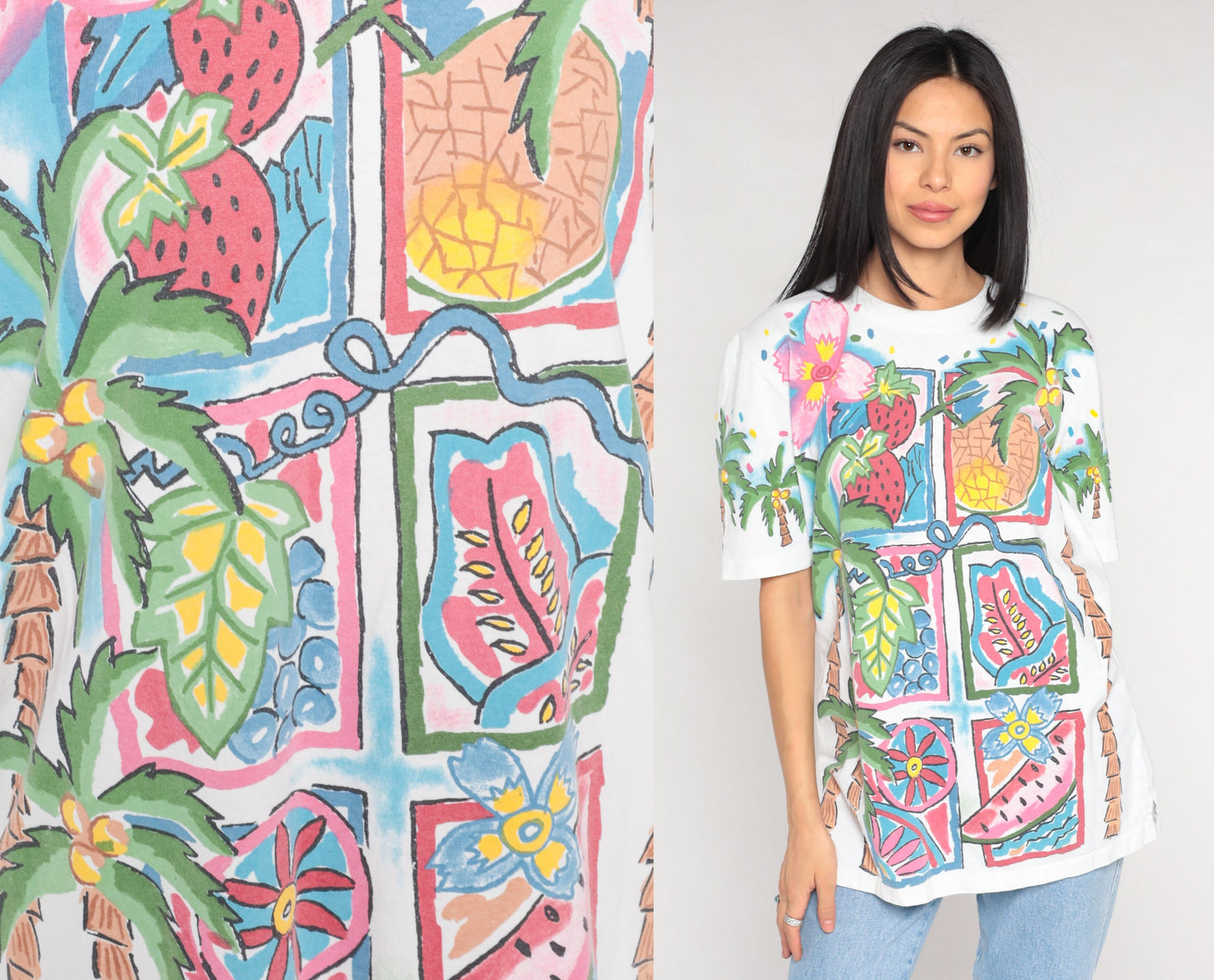 90s Tropical Fruit Palm Tree Graphic T-Shirt Cotton Single Stitch Medium Large