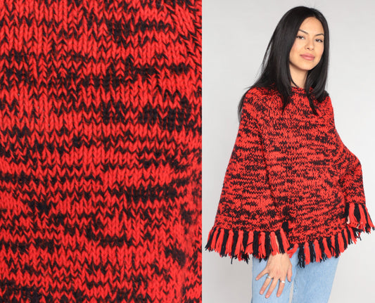 70s Red Black Space Dye Knit Poncho Fringe Shawl Cape