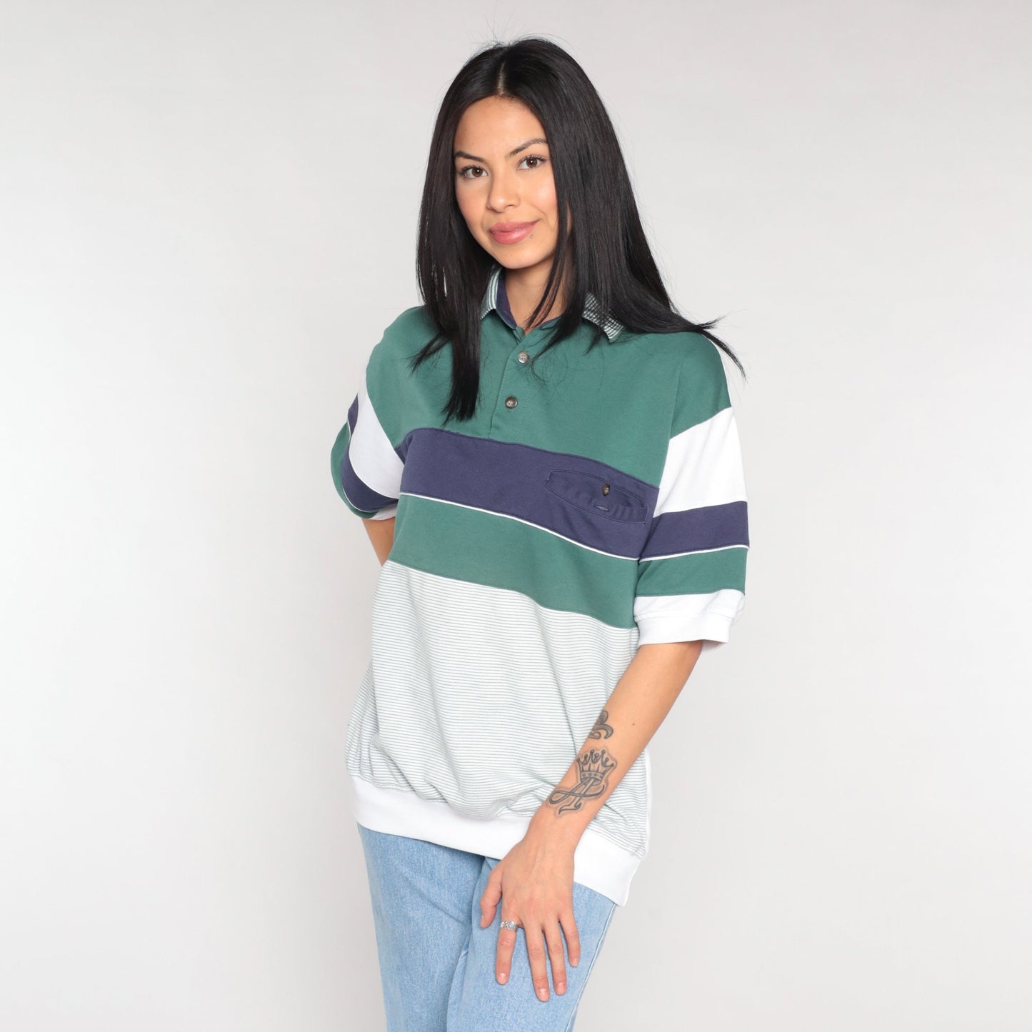 90s Striped Polo Shirt White Blue Green Banded Hem Collared Medium M