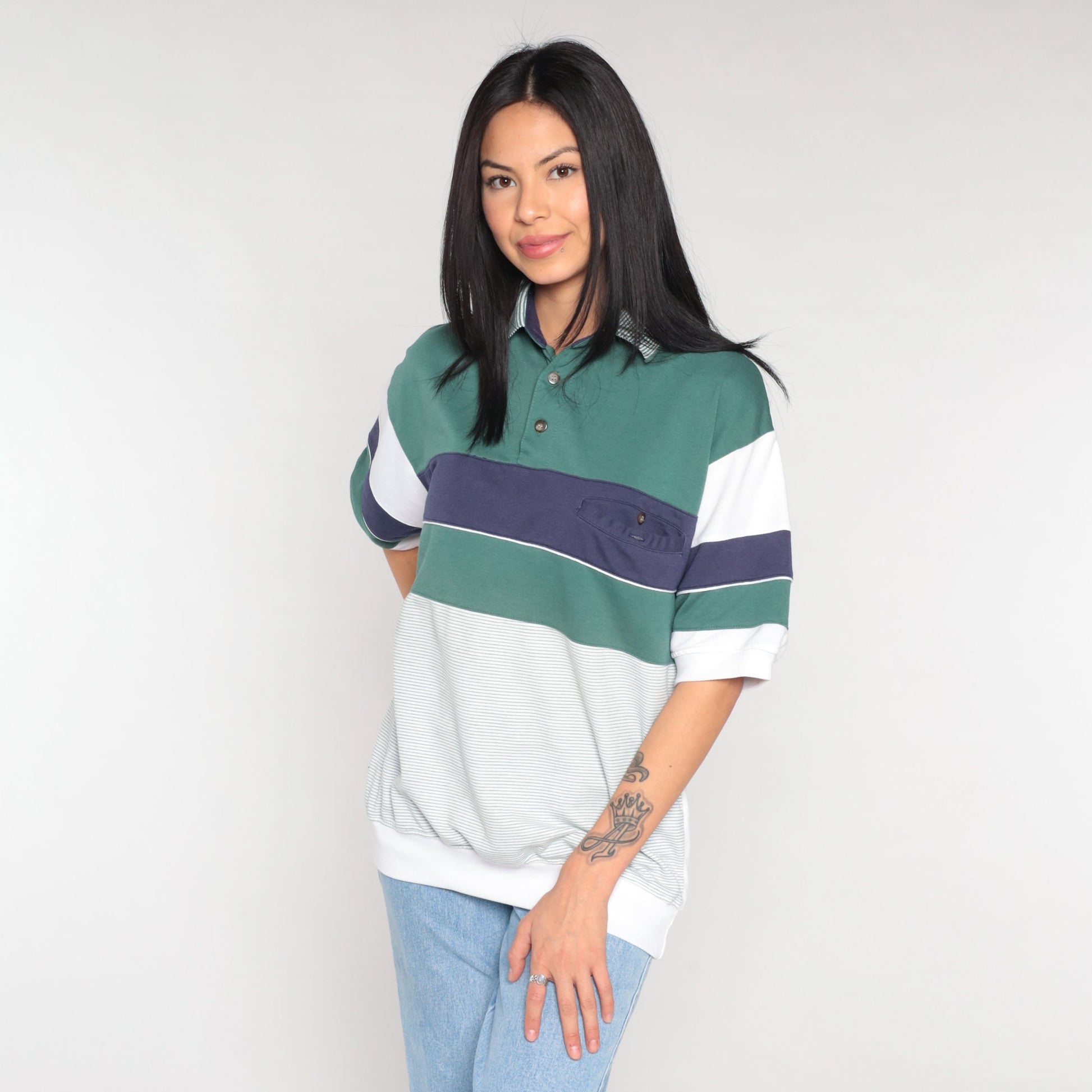 90s Striped Polo Shirt White Blue Green Banded Hem Collared Medium M