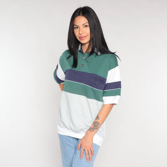 90s Striped Polo Shirt White Blue Green Banded Hem Collared Medium M