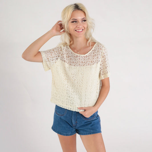 80s Off-White Lace Blouse Illusion Neckline Button Back Short Sleeve Medium