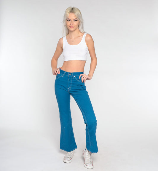 70s Levi's Bell Bottom Jeans High Waist Flare Blue Denim Extra Small