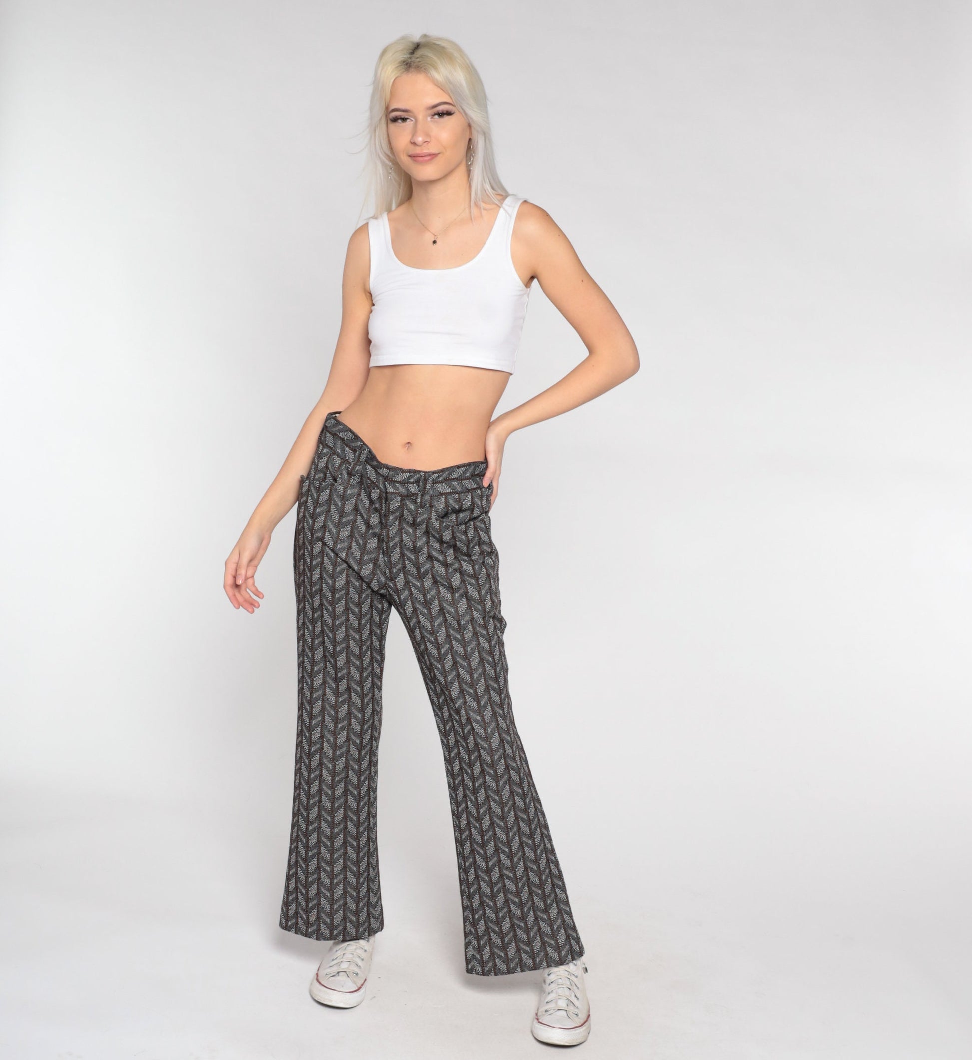 70s Chevron Flared Trousers High Waist Bell Bottoms Grey Medium
