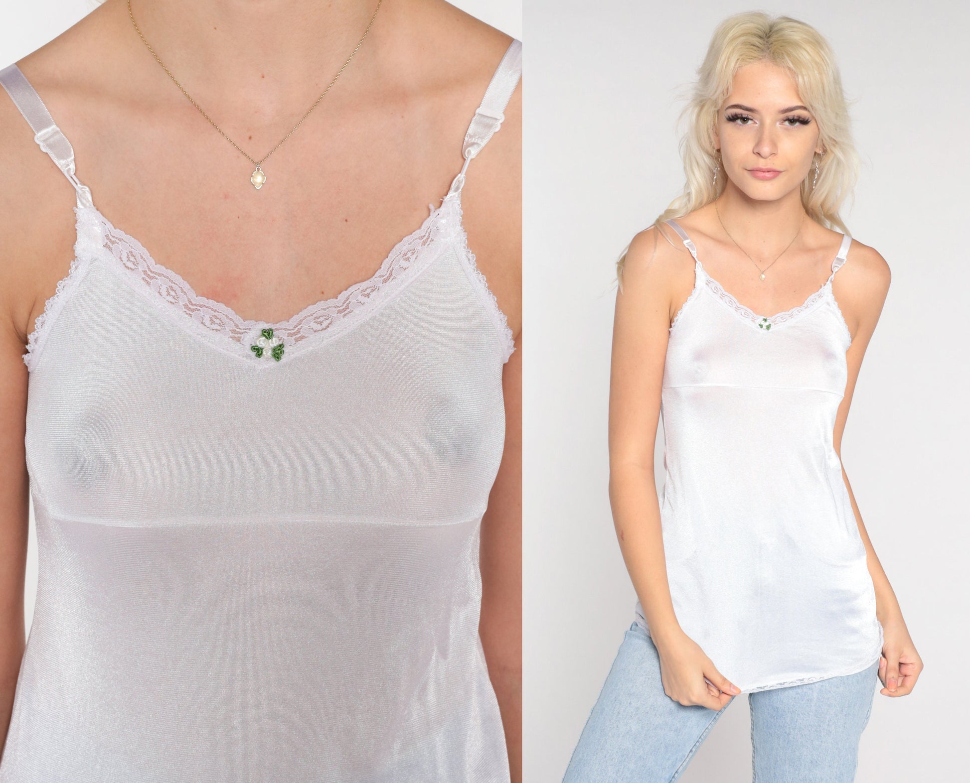80s White Nylon Camisole Spaghetti Strap Floral Applique Tank XXS