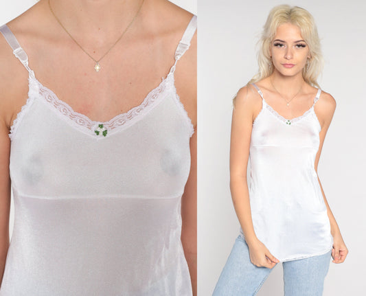 80s White Nylon Camisole Spaghetti Strap Floral Applique Tank XXS