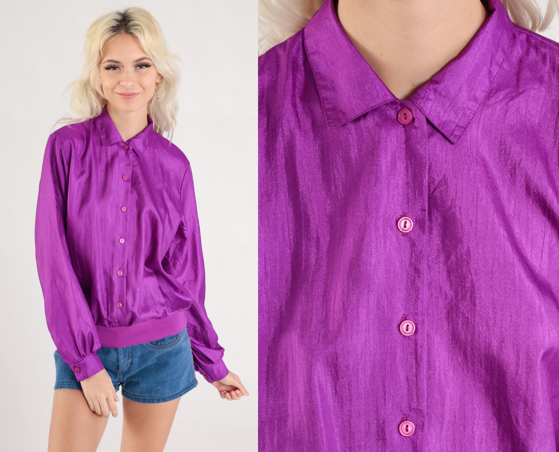90s Purple Polyester Button-Up Shirt Banded Hem Long Sleeve Medium