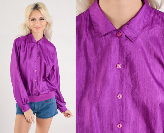90s Purple Polyester Button-Up Shirt Banded Hem Long Sleeve Medium
