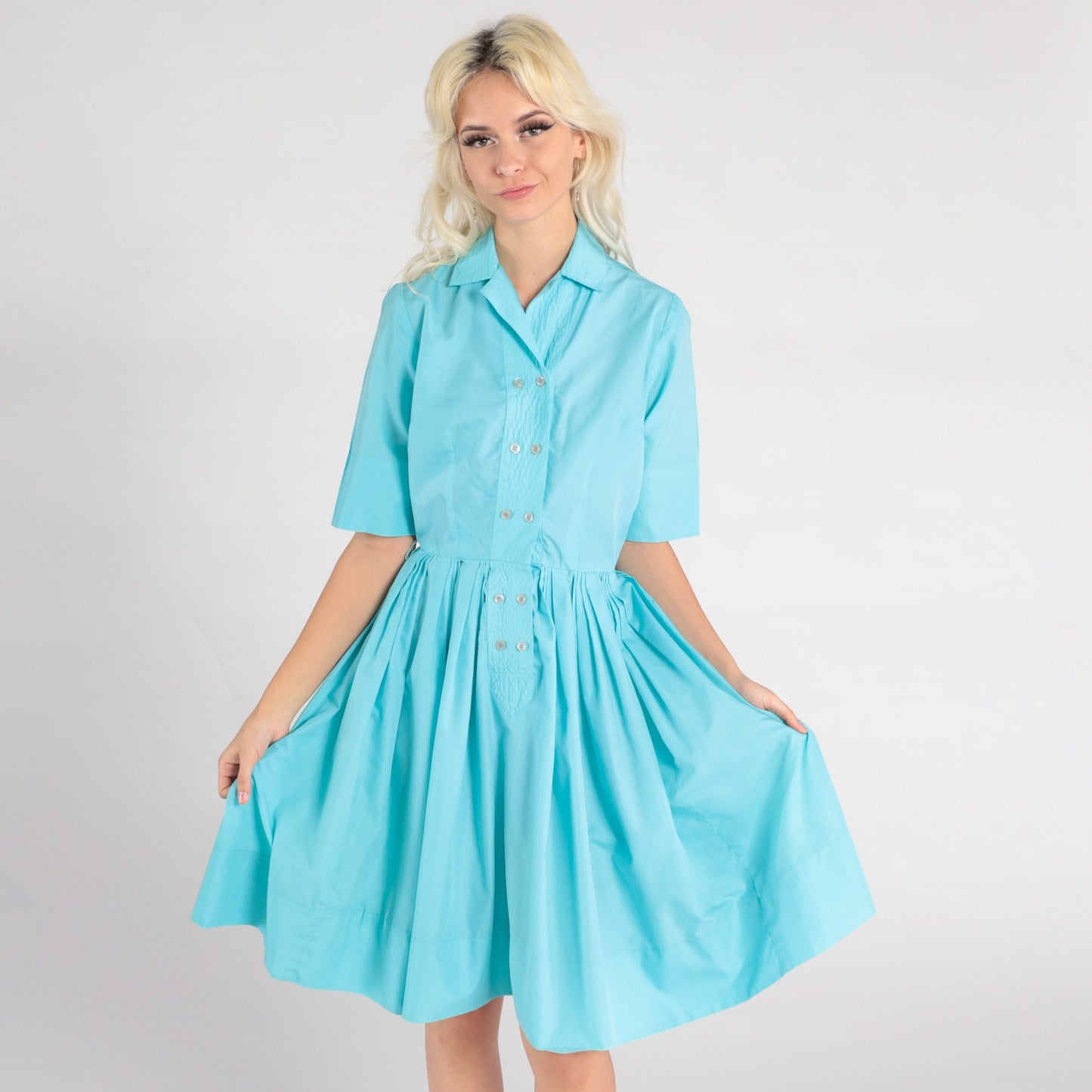 60s Robin's Egg Blue Cotton Midi Shirtdress Button-Up Pleated Small